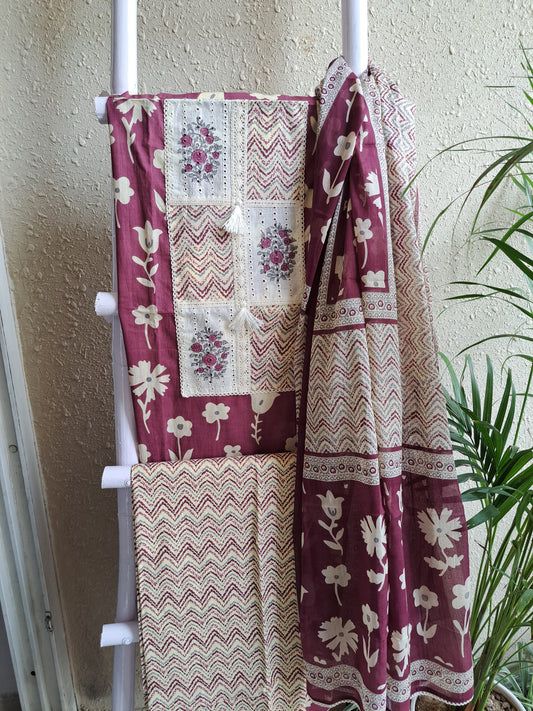 Wine Berry & Cream Cotton Printed Suit Set (Unstitched)