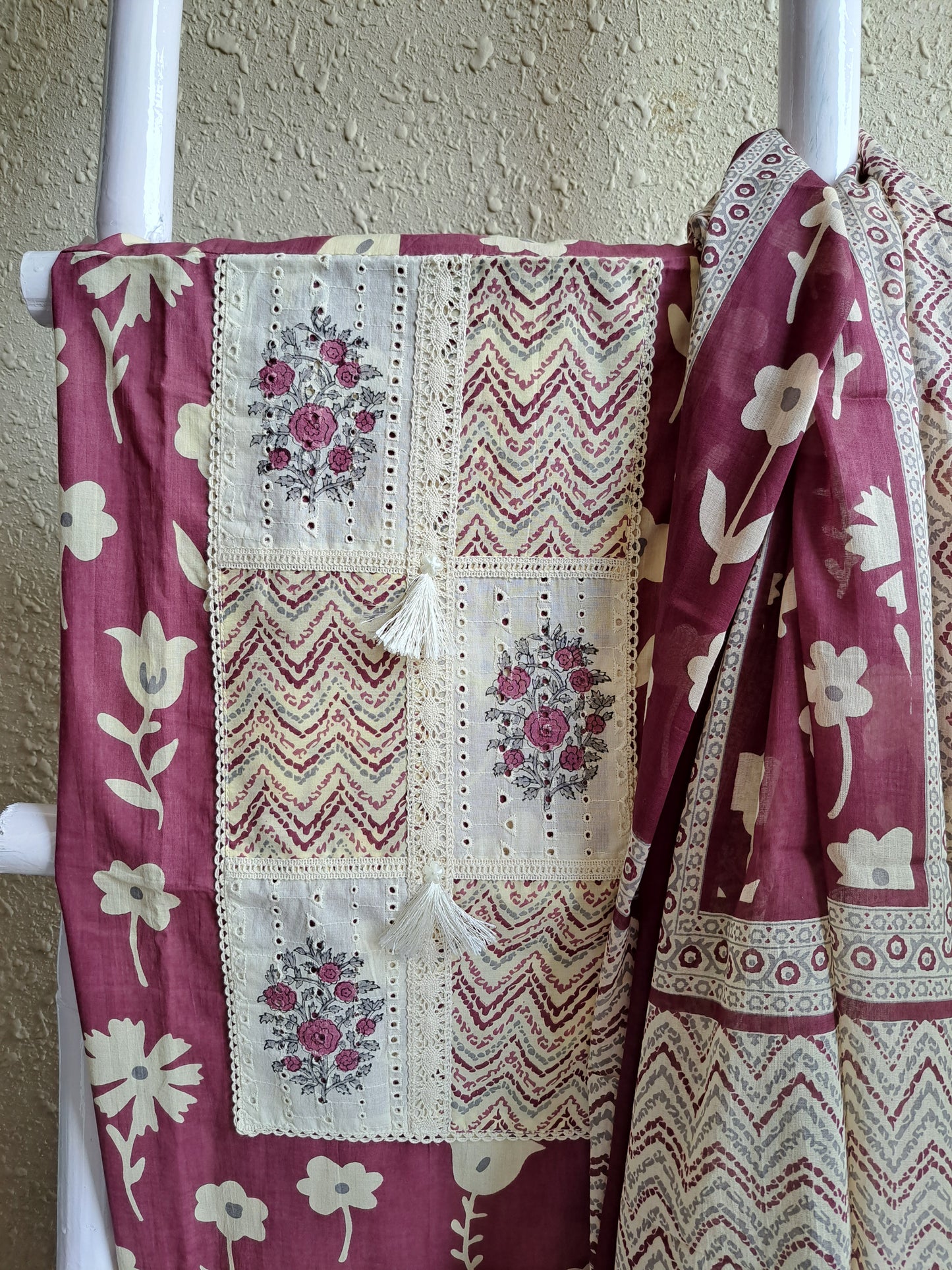 Wine Berry & Cream Cotton Printed Suit Set (Unstitched)