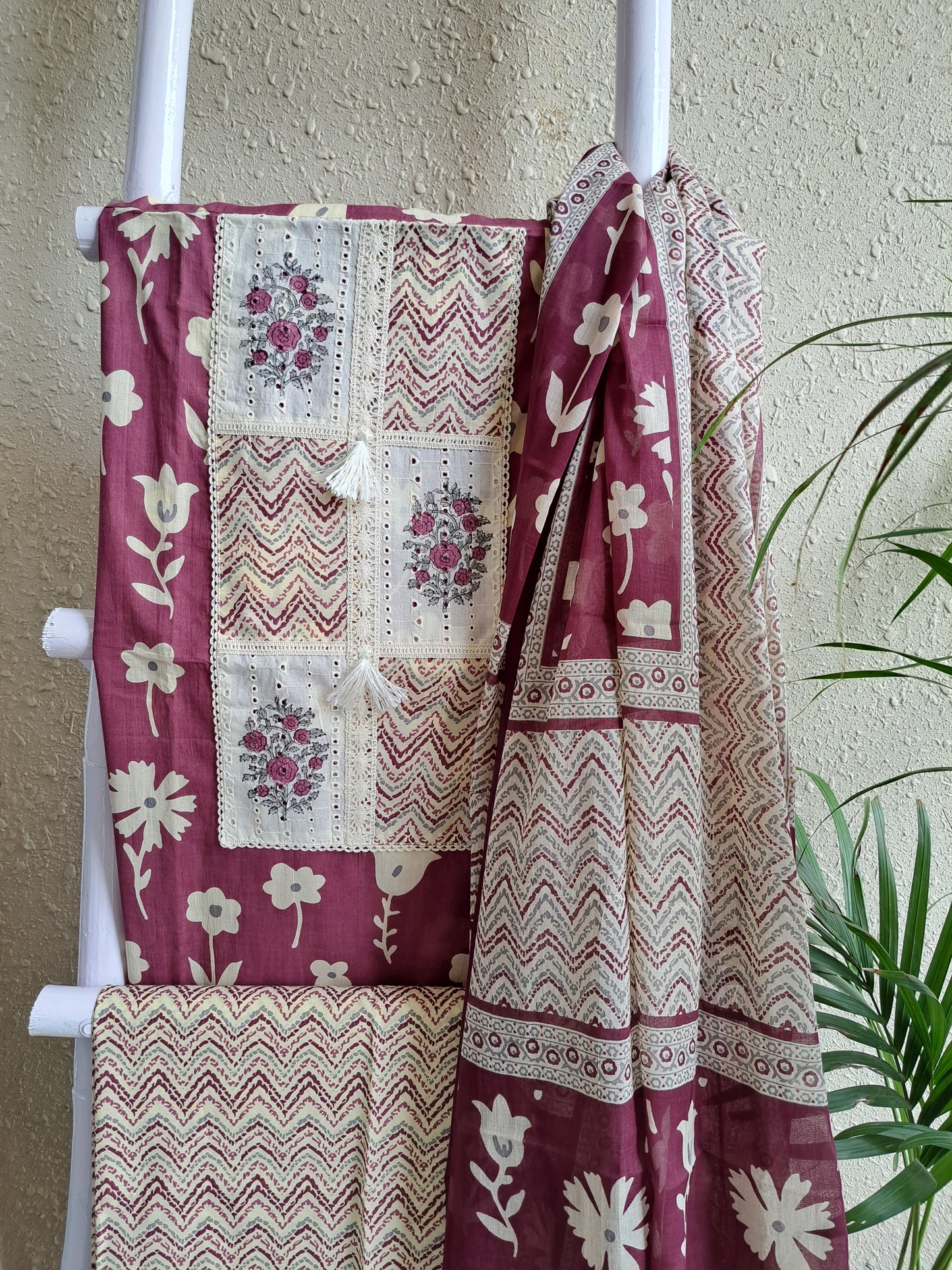 Wine Berry & Cream Cotton Printed Suit Set (Unstitched)