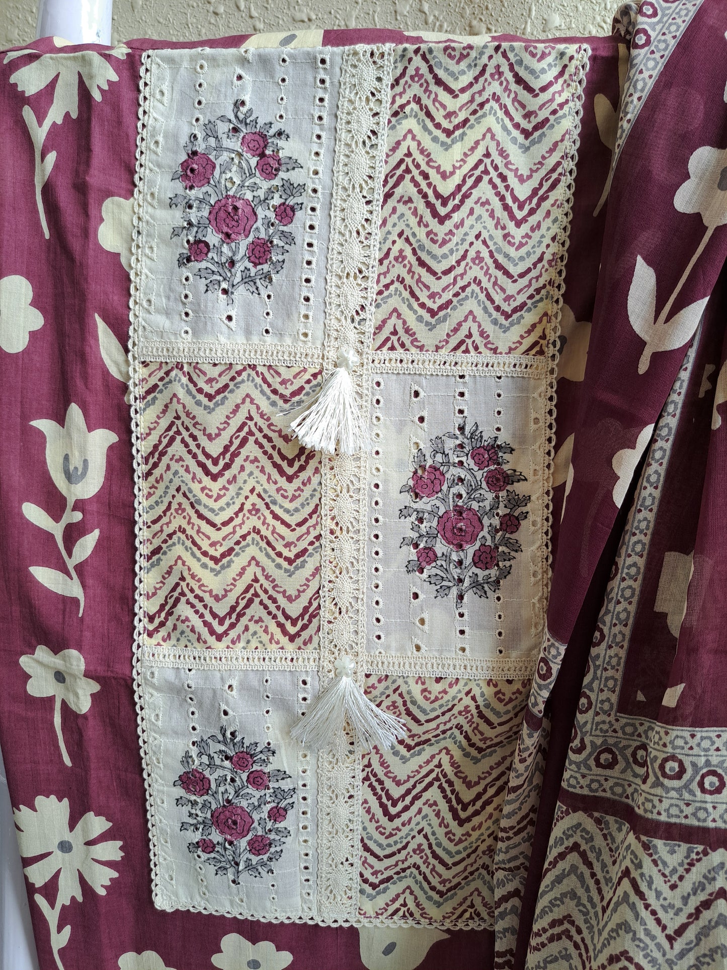 Wine Berry & Cream Cotton Printed Suit Set (Unstitched)