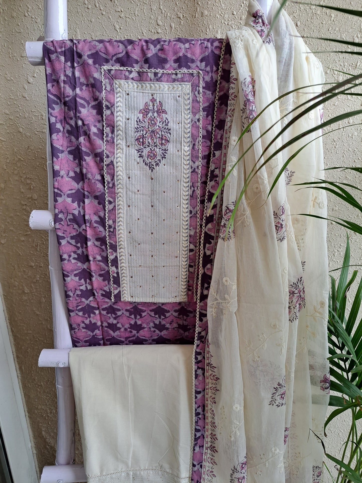 Mauve & Cream Batik Cotton Suit Set with Embroidered Dupatta (Unstitched)