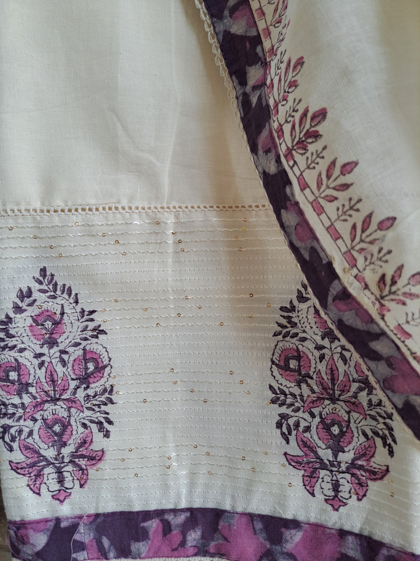 Mauve & Cream Batik Cotton Suit Set with Embroidered Dupatta (Unstitched)