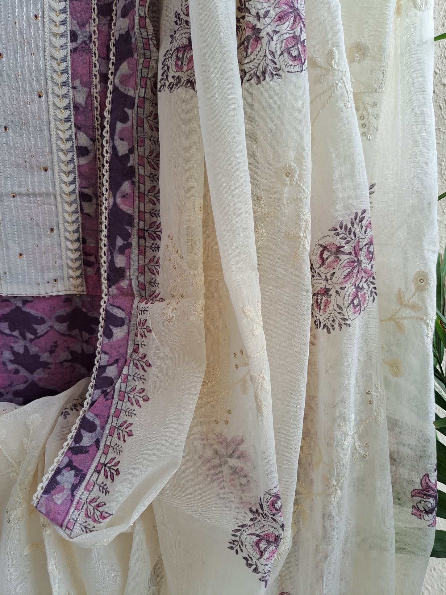 Mauve & Cream Batik Cotton Suit Set with Embroidered Dupatta (Unstitched)