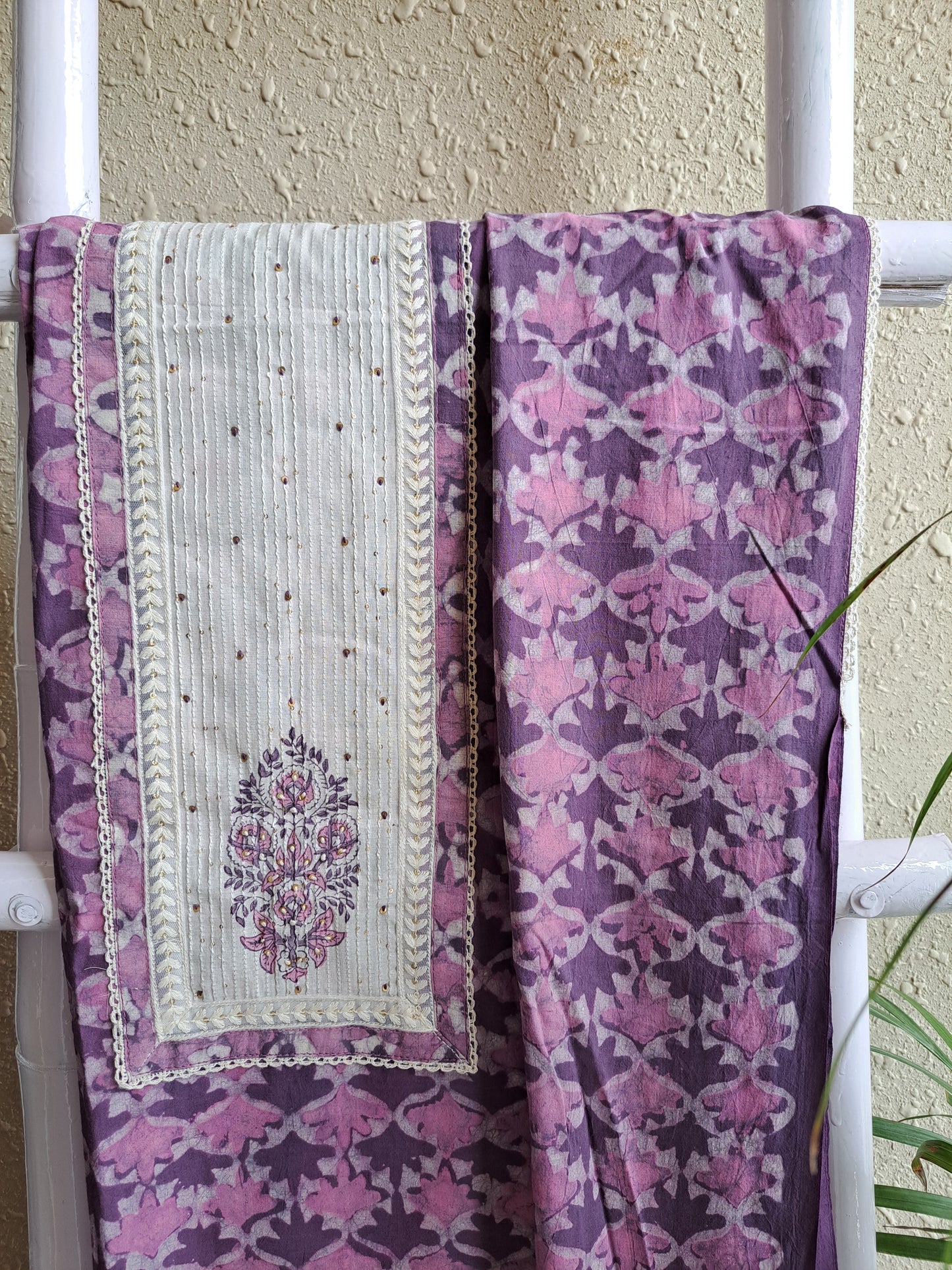 Mauve & Cream Batik Cotton Suit Set with Embroidered Dupatta (Unstitched)