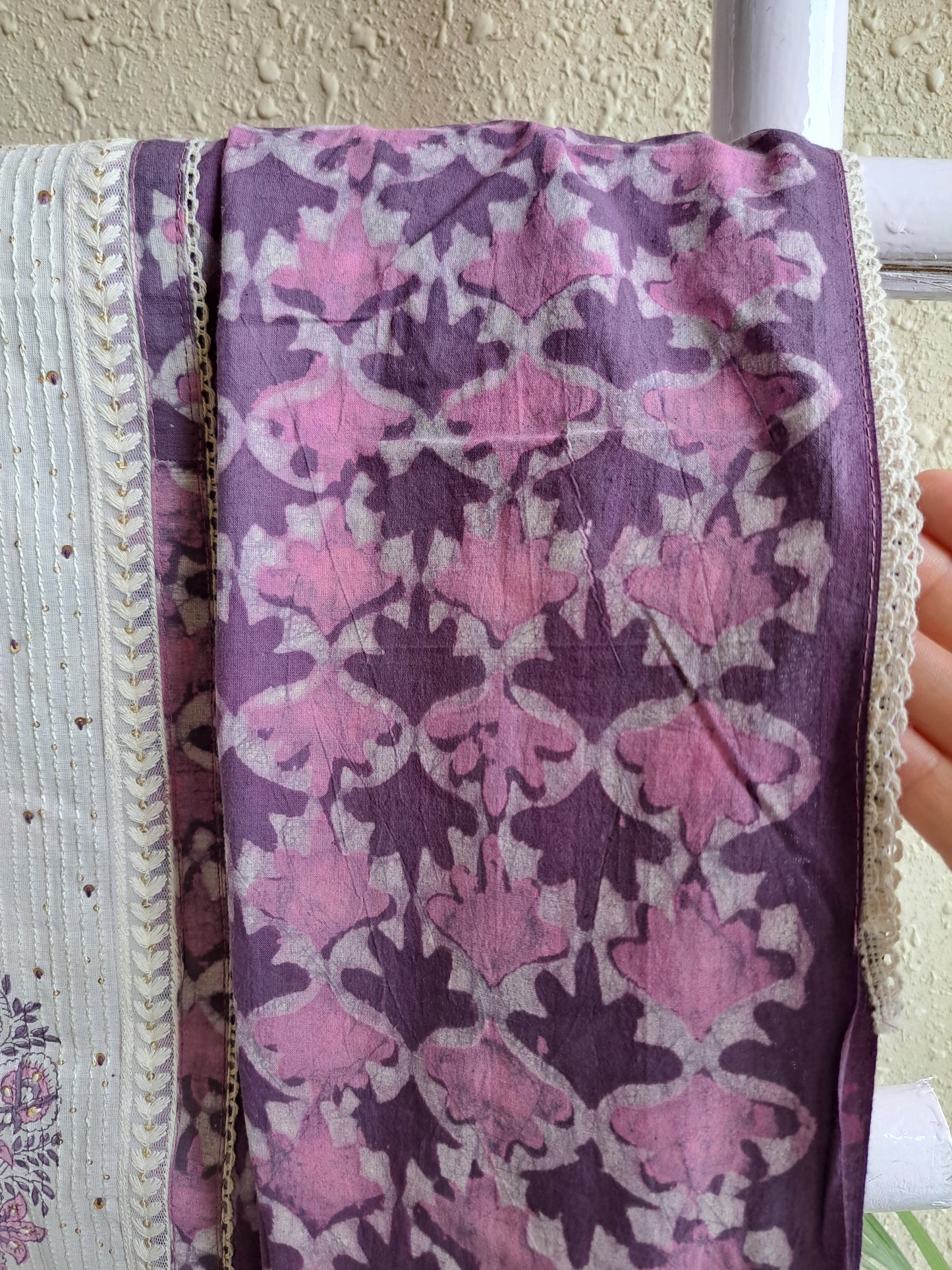 Mauve & Cream Batik Cotton Suit Set with Embroidered Dupatta (Unstitched)