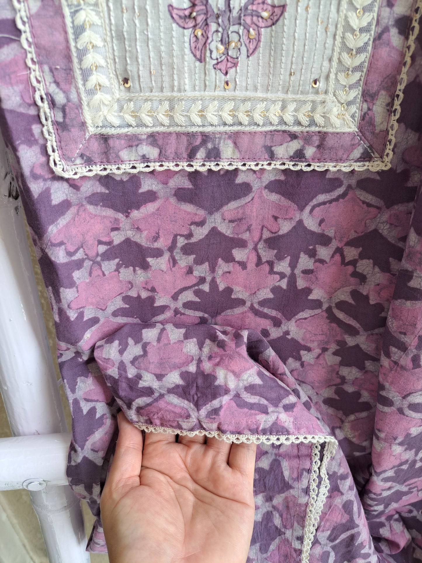 Mauve & Cream Batik Cotton Suit Set with Embroidered Dupatta (Unstitched)