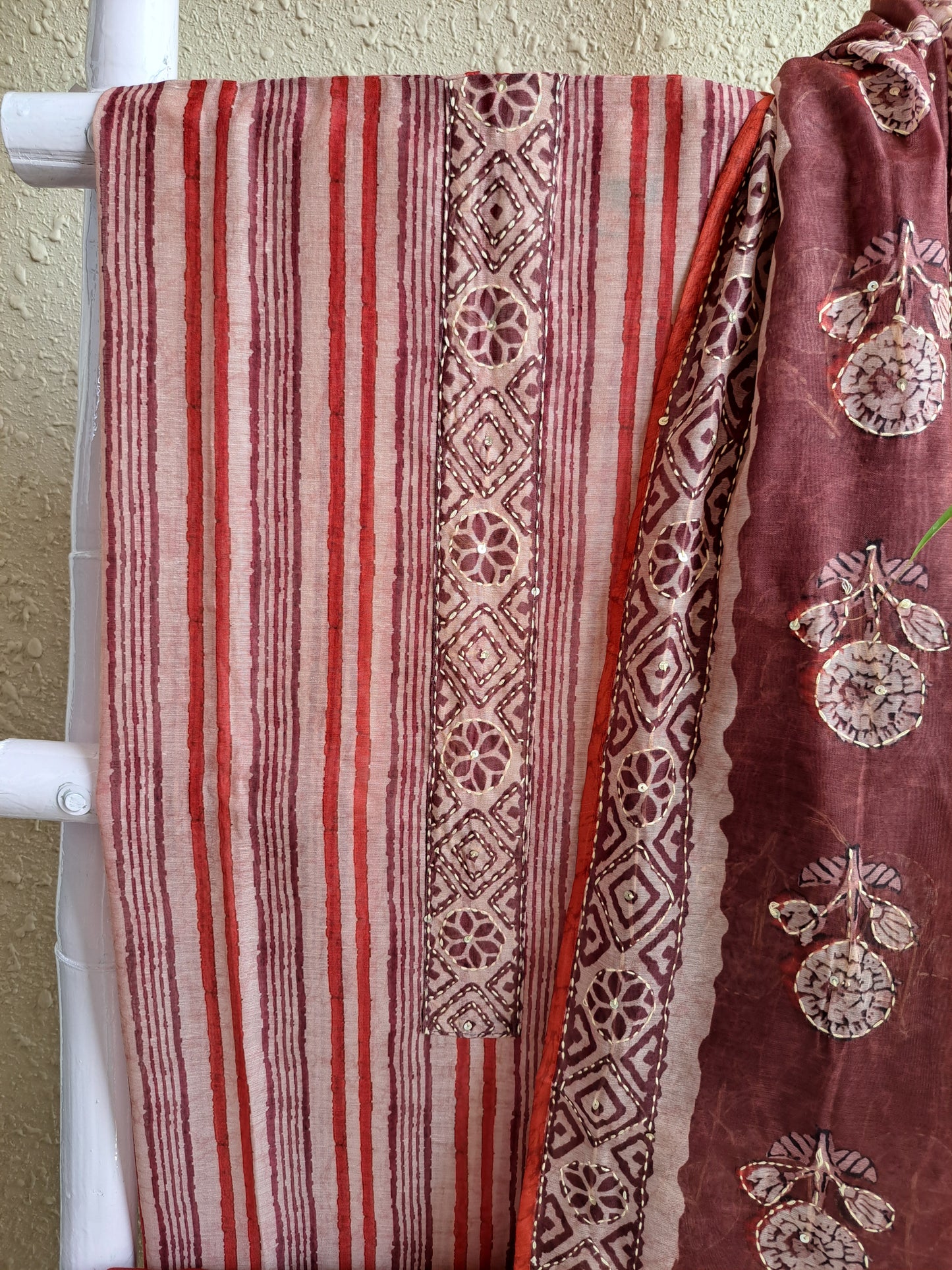 Rust Maheshwari Suit Set with Kantha Work & Tassel Dupatta (Unstitched)