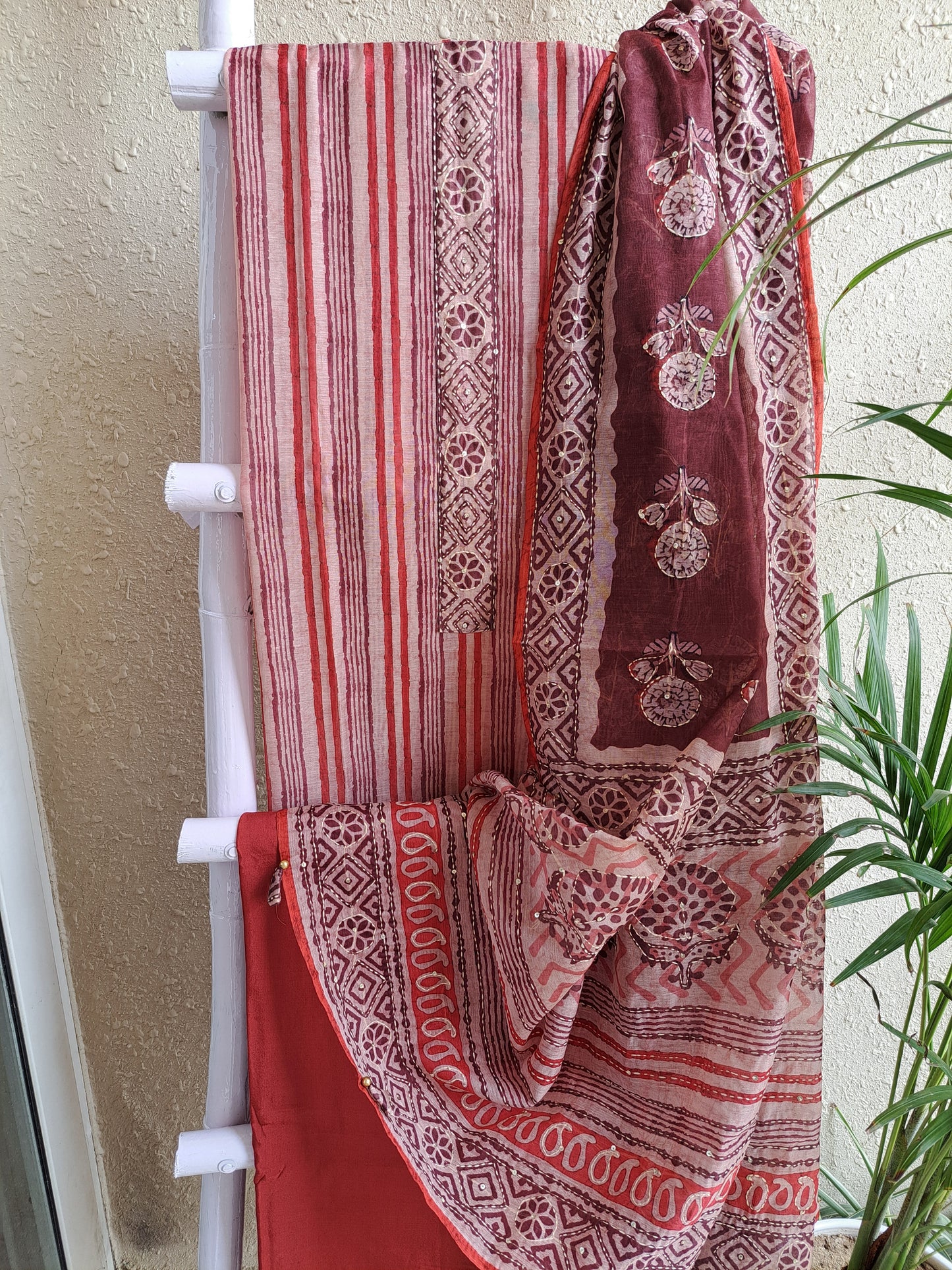 Rust Maheshwari Suit Set with Kantha Work & Tassel Dupatta (Unstitched)