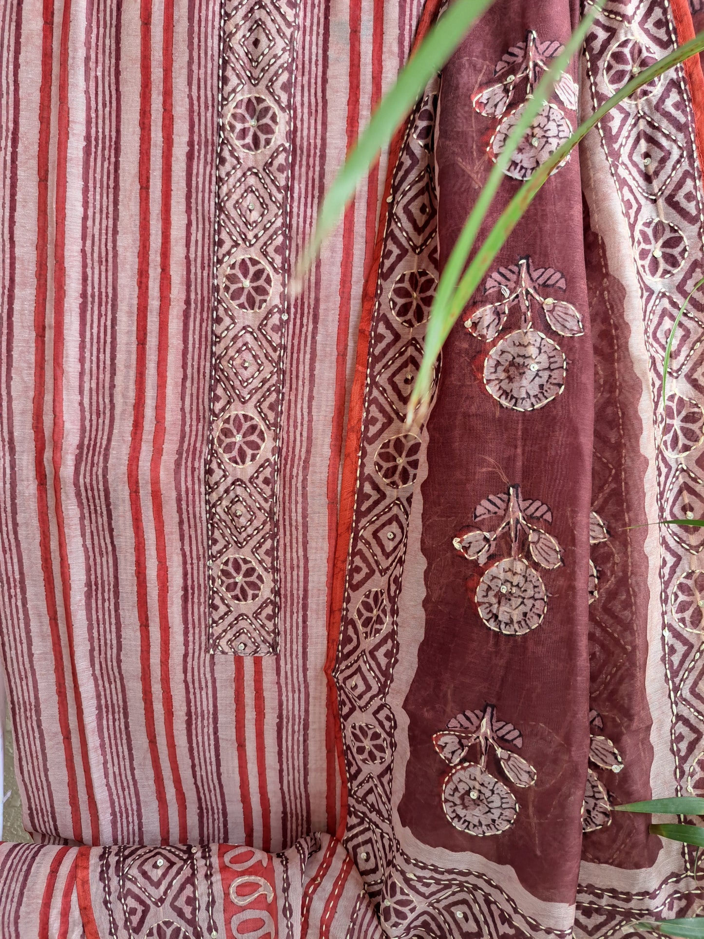 Rust Maheshwari Suit Set with Kantha Work & Tassel Dupatta (Unstitched)