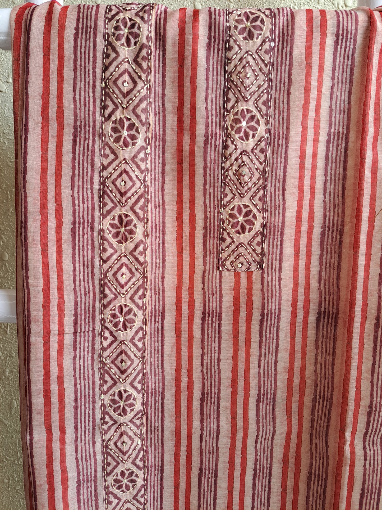 Rust Maheshwari Suit Set with Kantha Work & Tassel Dupatta (Unstitched)