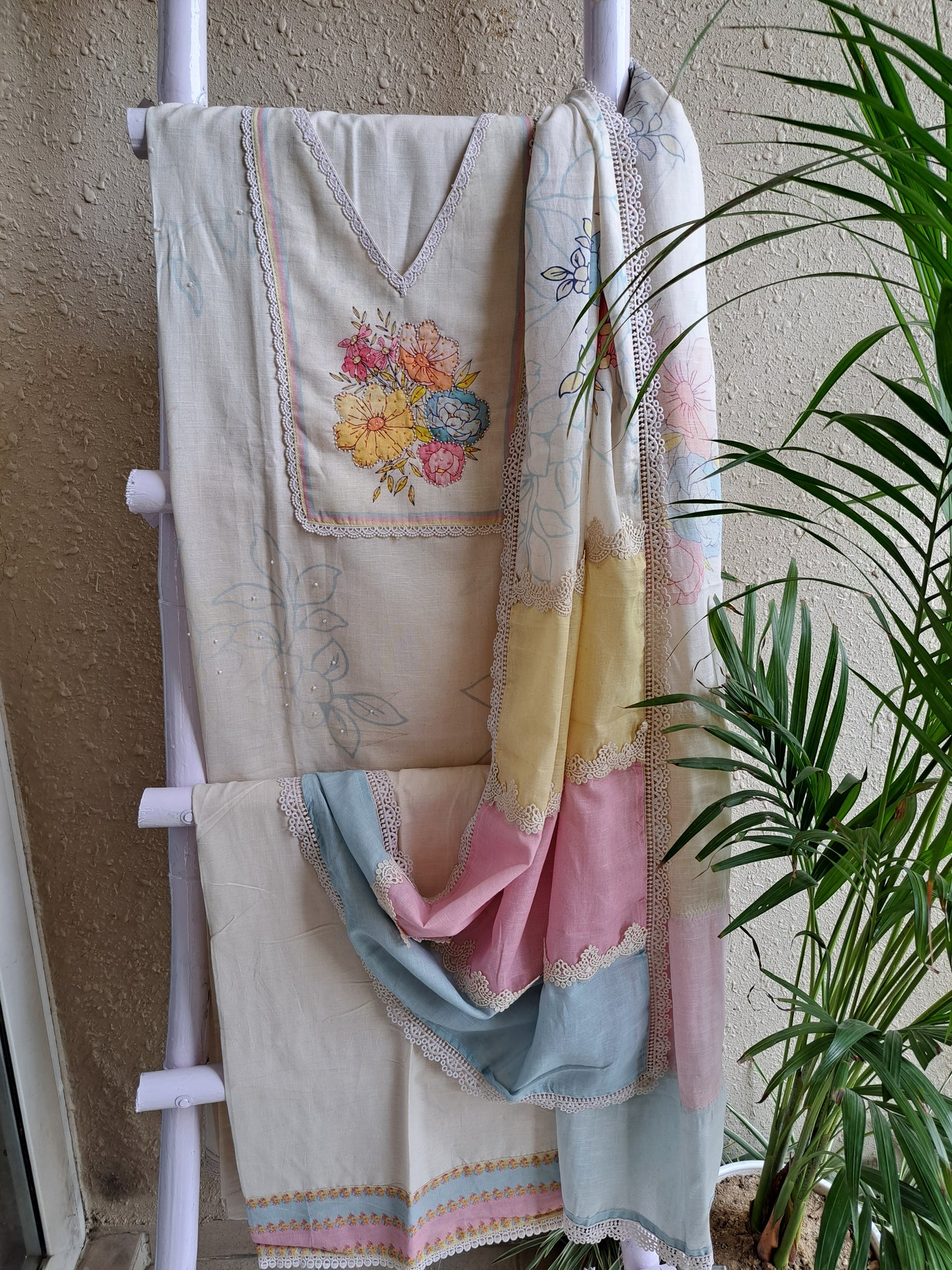 Cream & Pastel Floral Cotton Linen Suit Set with Pearl Work (Unstitched)