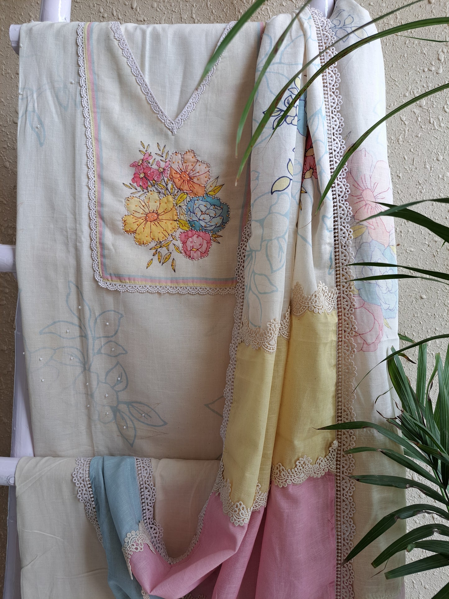 Cream & Pastel Floral Cotton Linen Suit Set with Pearl Work (Unstitched)