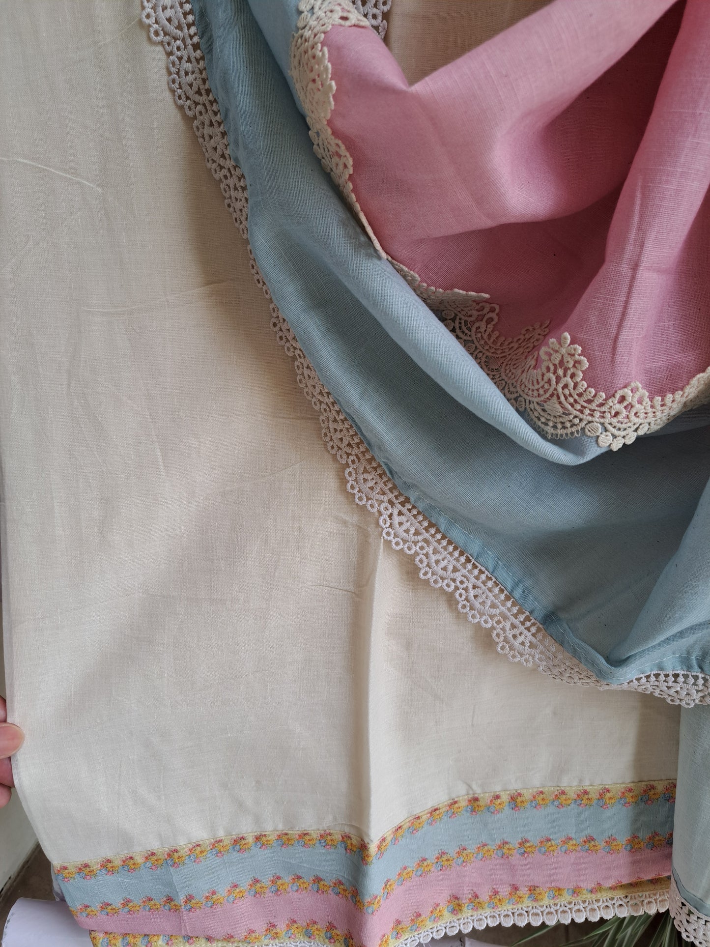 Cream & Pastel Floral Cotton Linen Suit Set with Pearl Work (Unstitched)