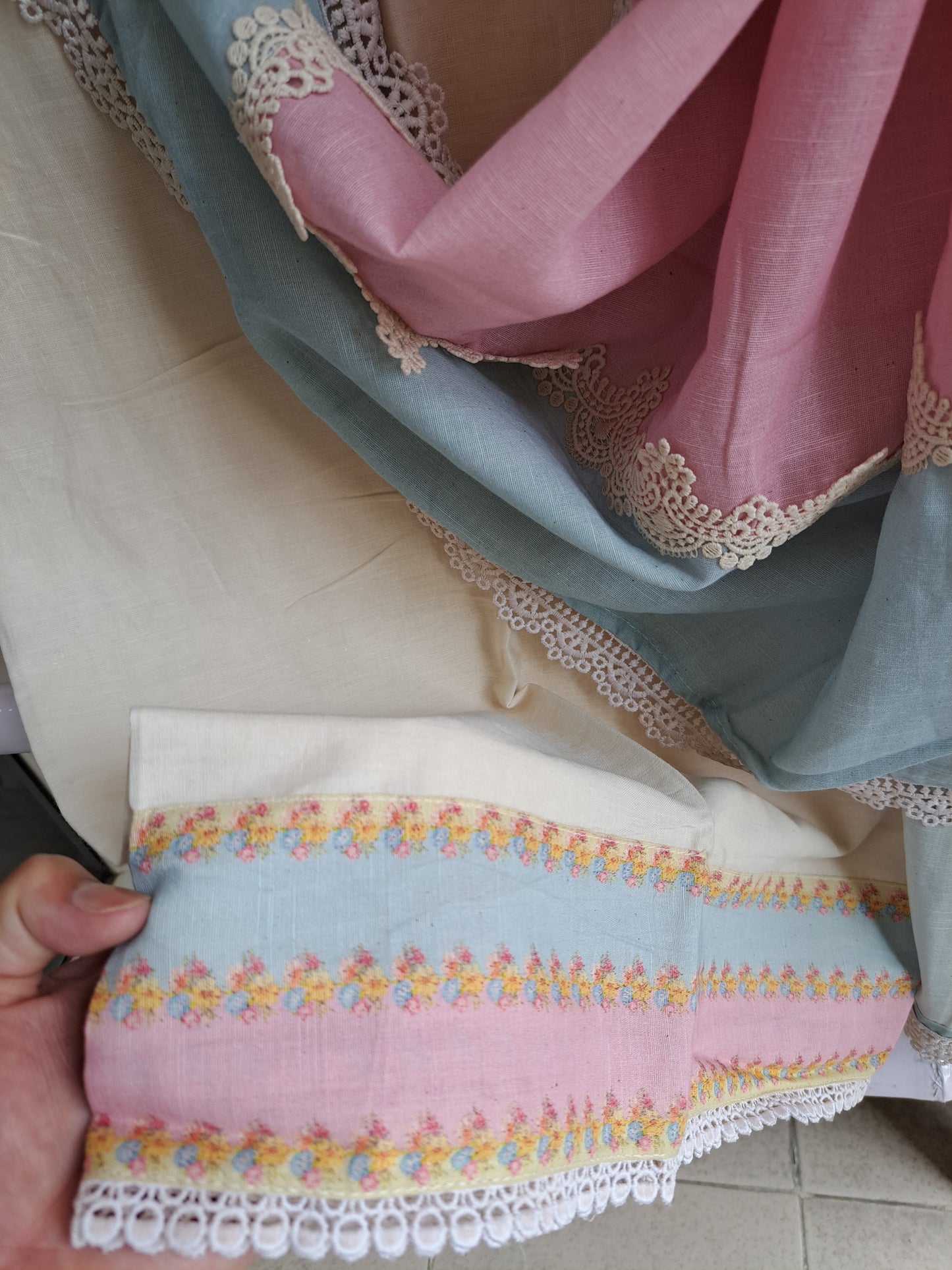Cream & Pastel Floral Cotton Linen Suit Set with Pearl Work (Unstitched)