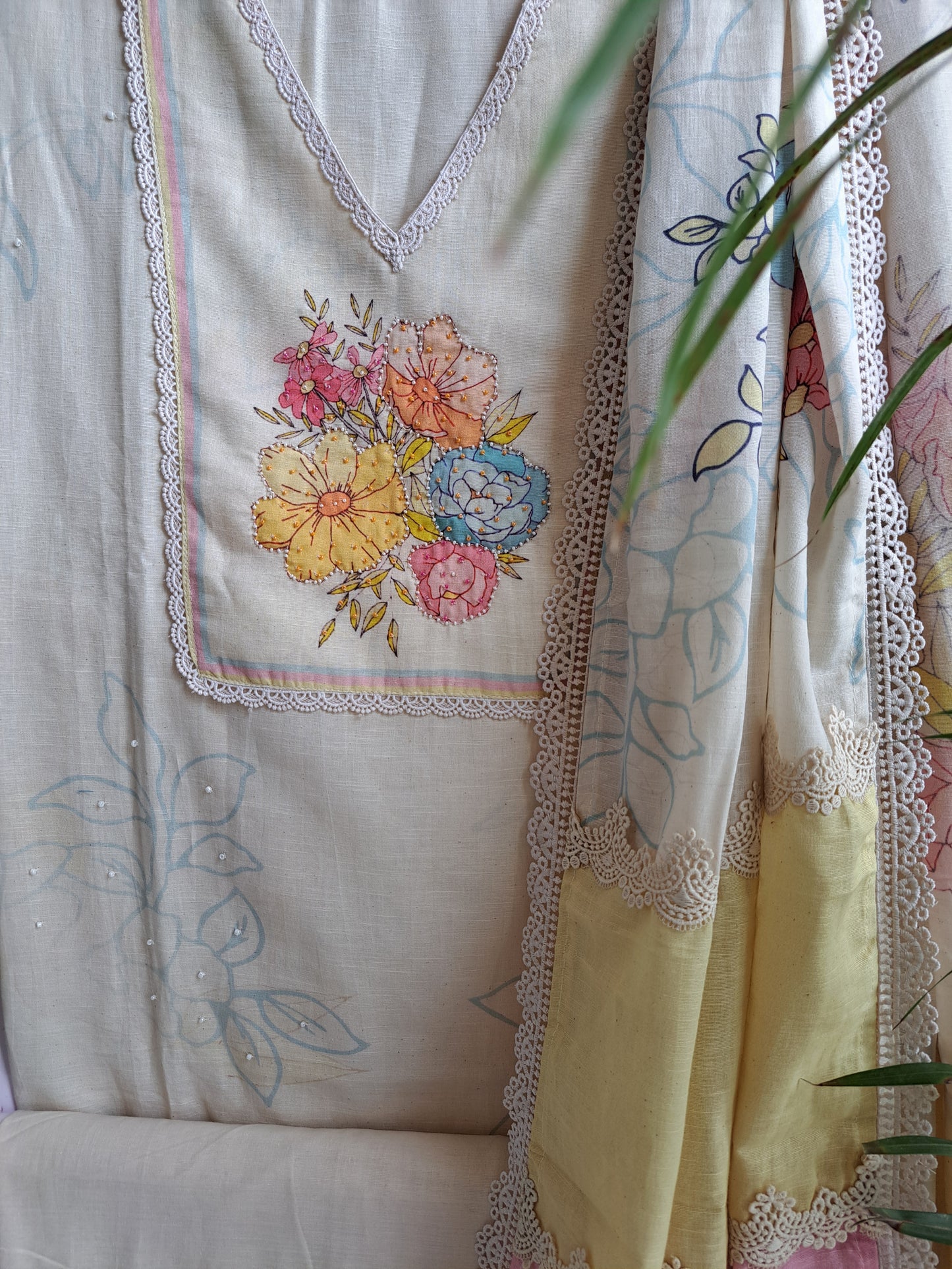 Cream & Pastel Floral Cotton Linen Suit Set with Pearl Work (Unstitched)