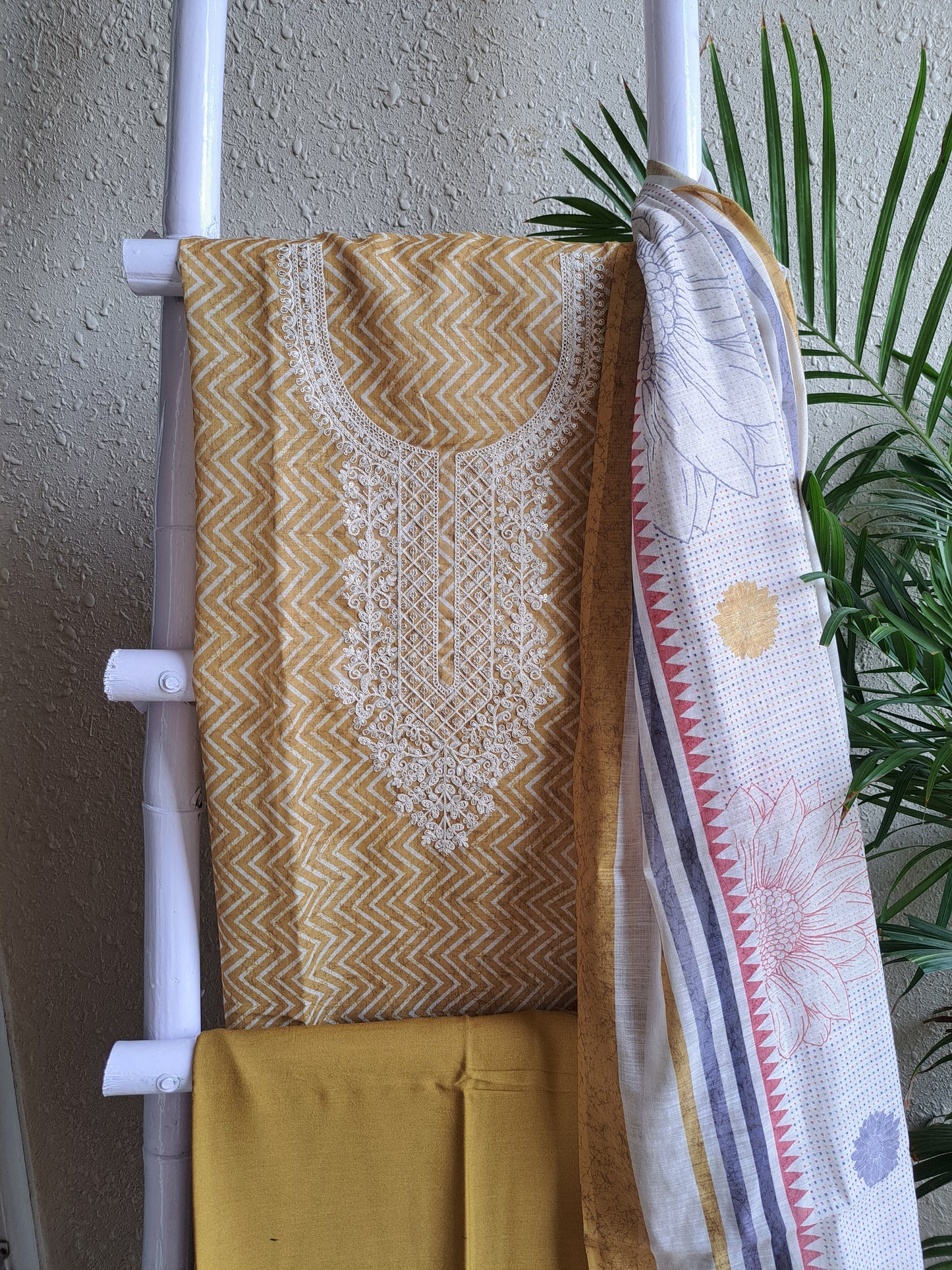 Mustard Yellow Chevron Print Cotton Unstitched Suit