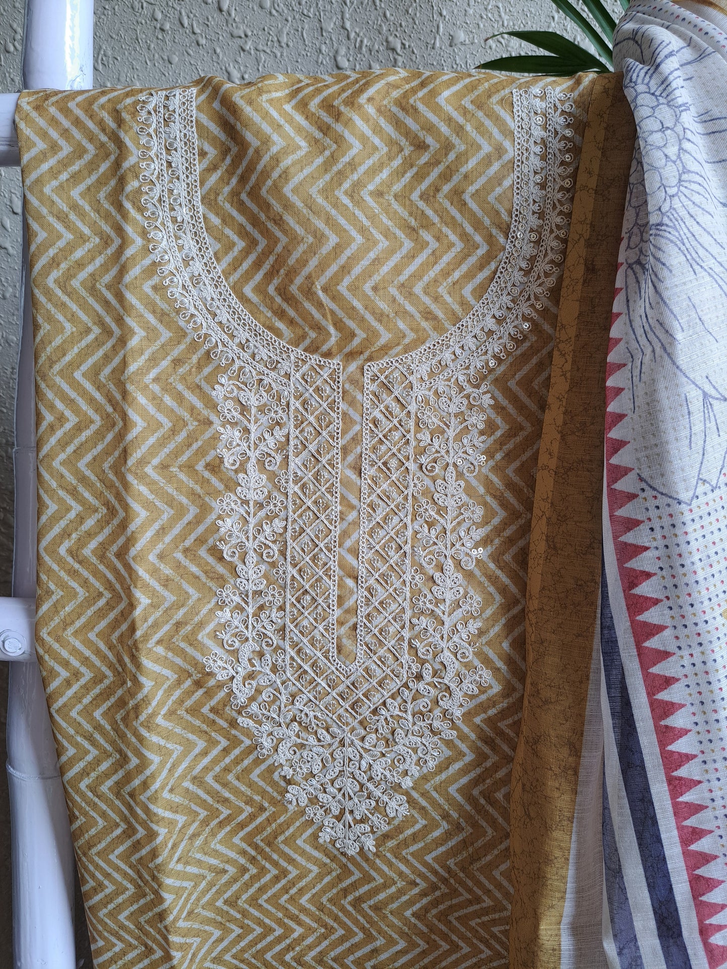 Mustard Yellow Chevron Print Cotton Unstitched Suit