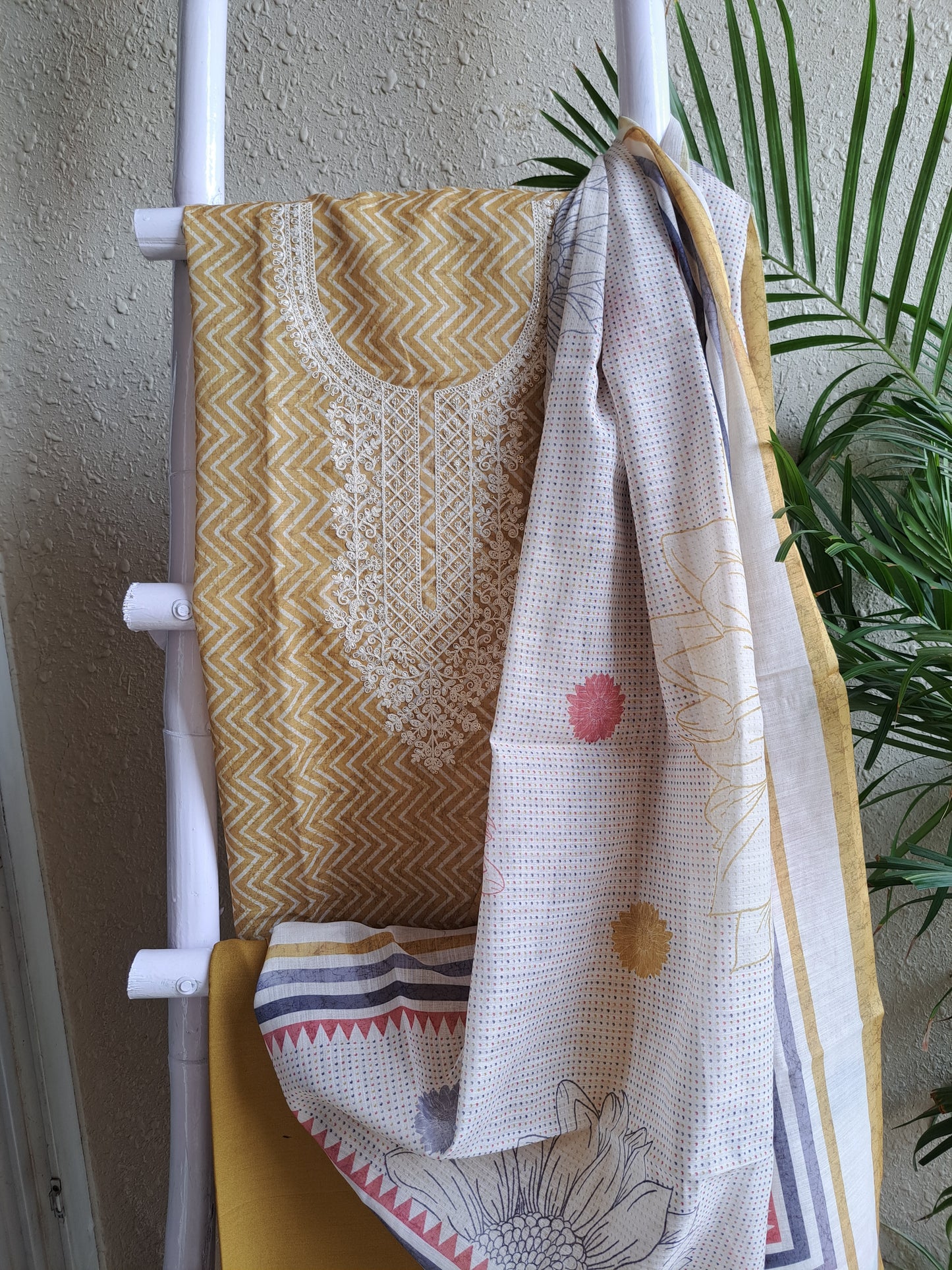 Mustard Yellow Chevron Print Cotton Unstitched Suit