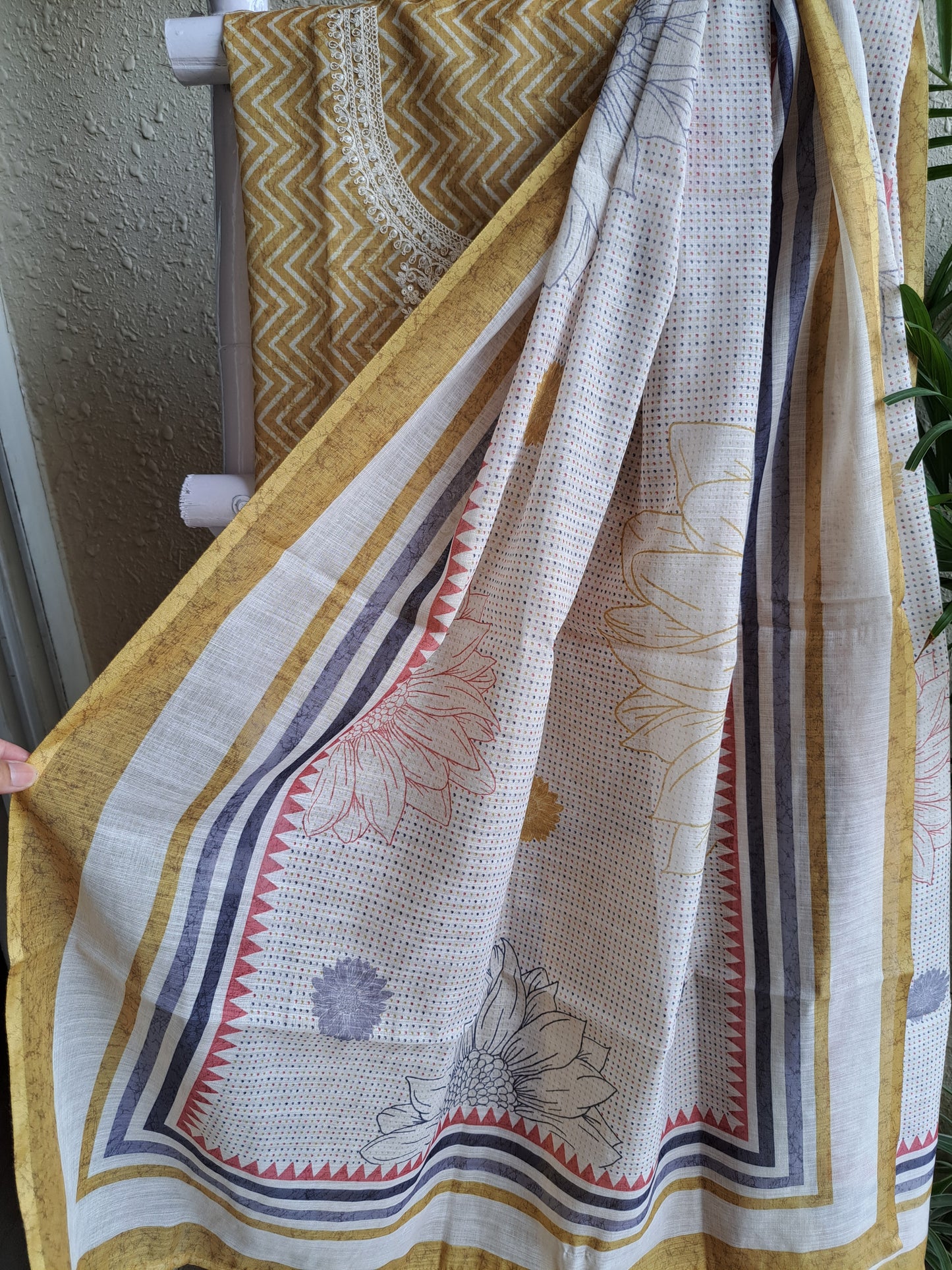 Mustard Yellow Chevron Print Cotton Unstitched Suit