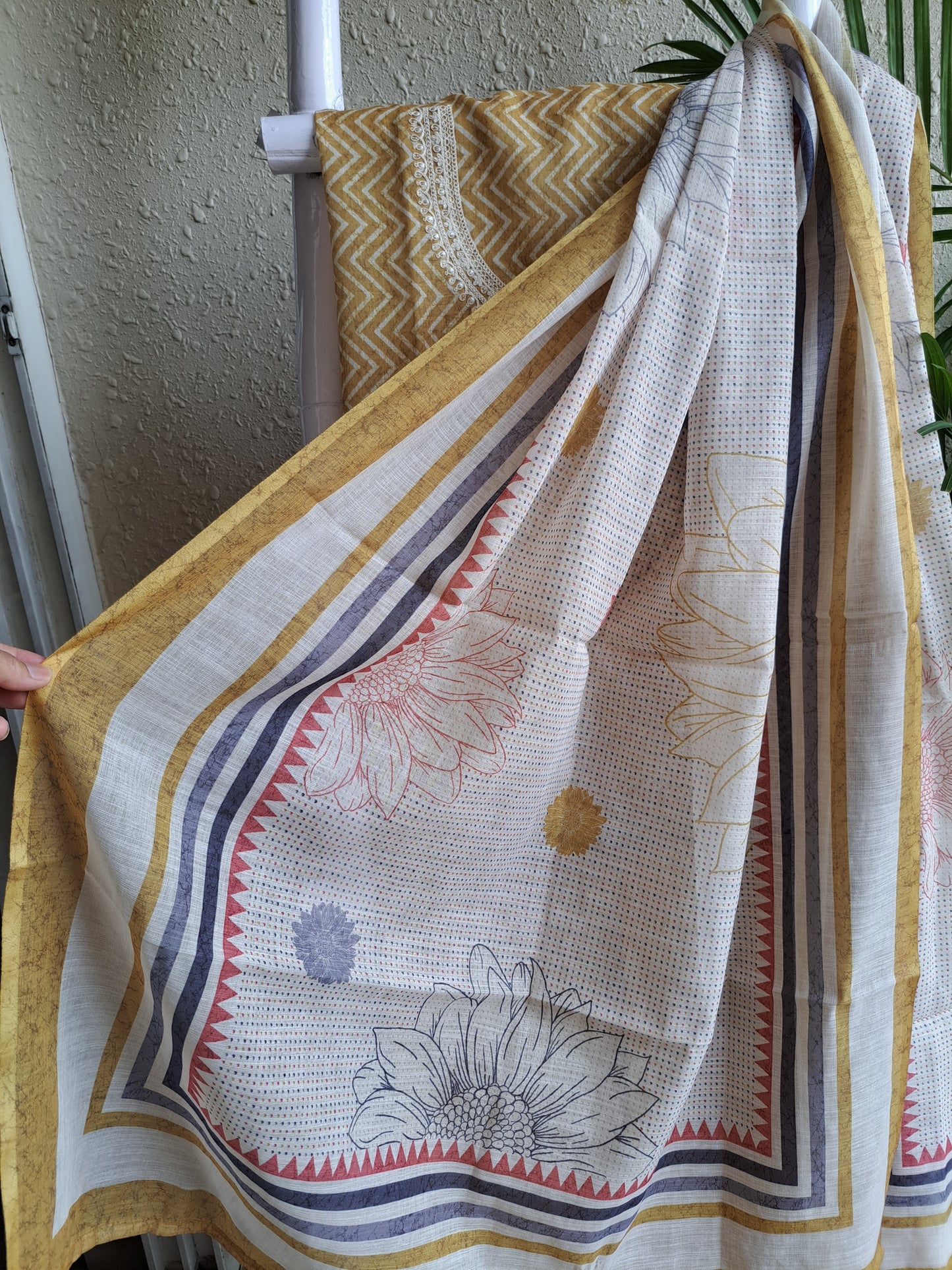 Mustard Yellow Chevron Print Cotton Unstitched Suit