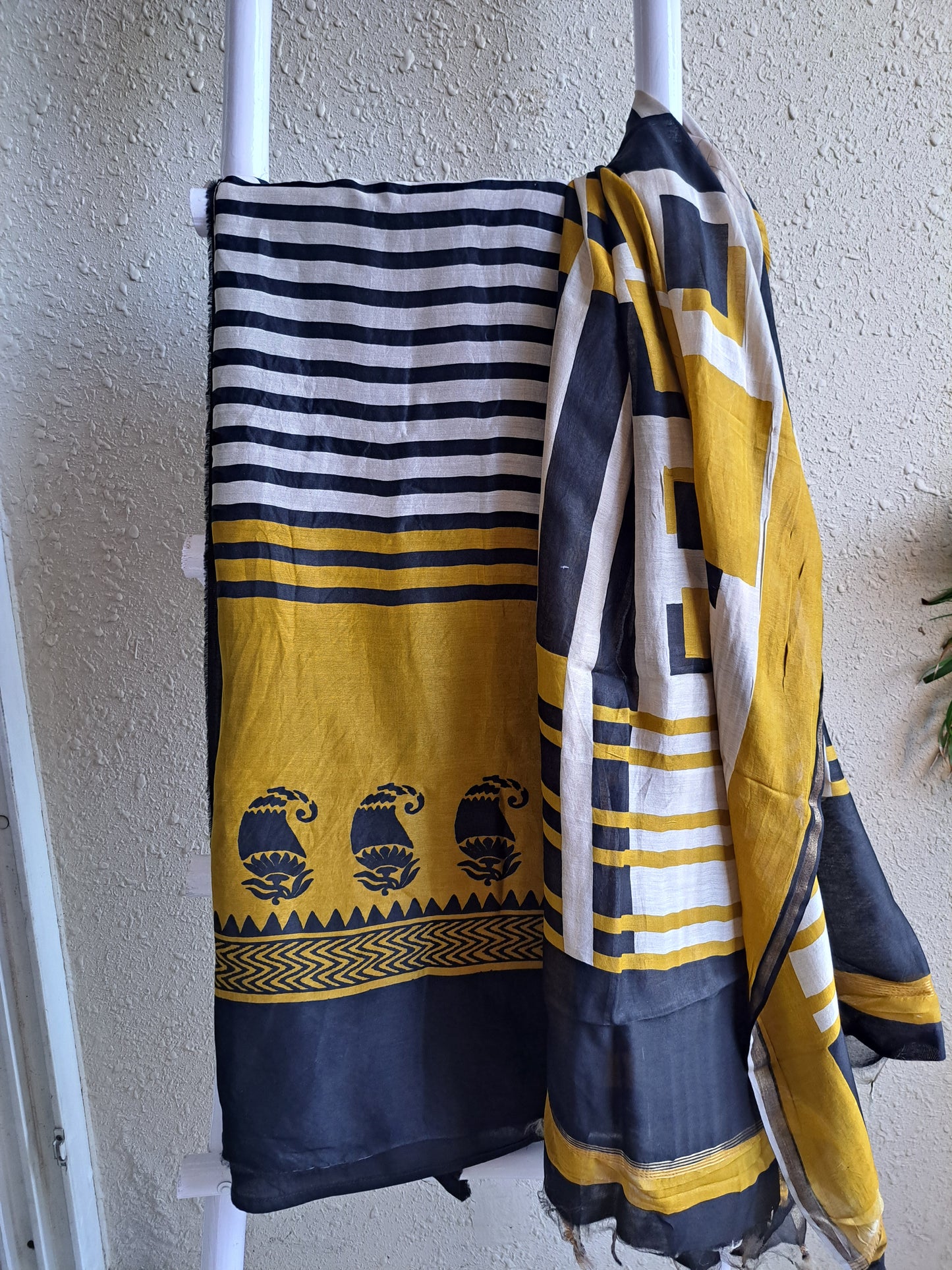 Black & Mustard Striped Maheshwari Cotton Silk Unstitched Suit
