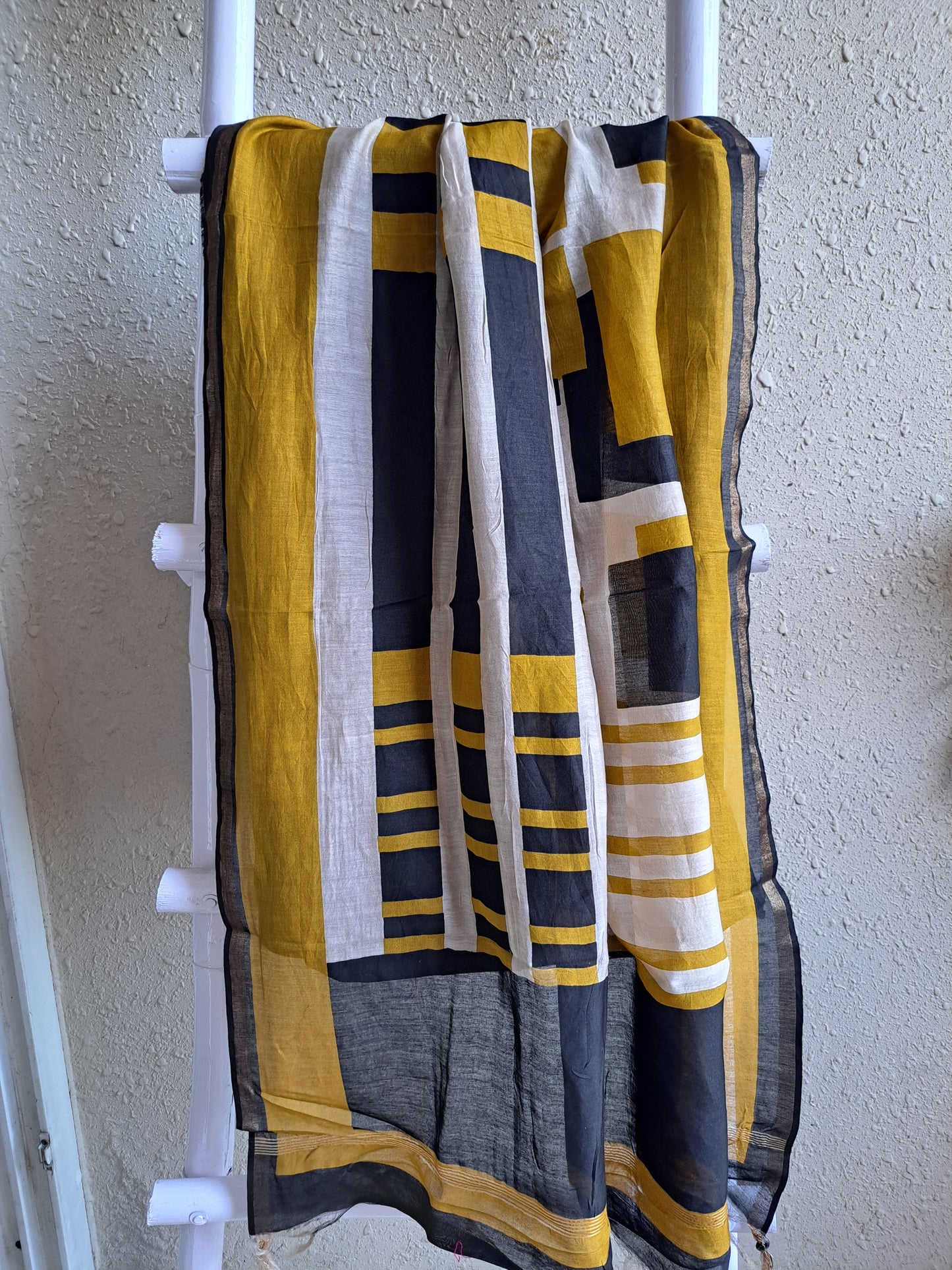 Black & Mustard Striped Maheshwari Cotton Silk Unstitched Suit