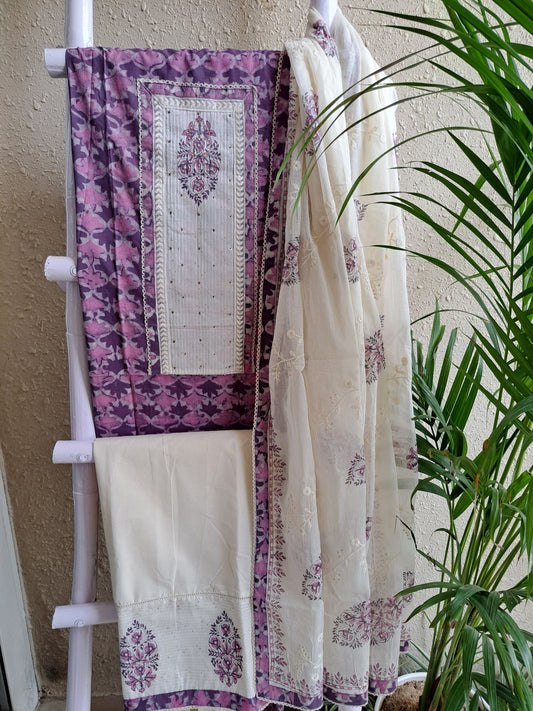 Mauve & Cream Batik Cotton Suit Set with Embroidered Dupatta (Unstitched)