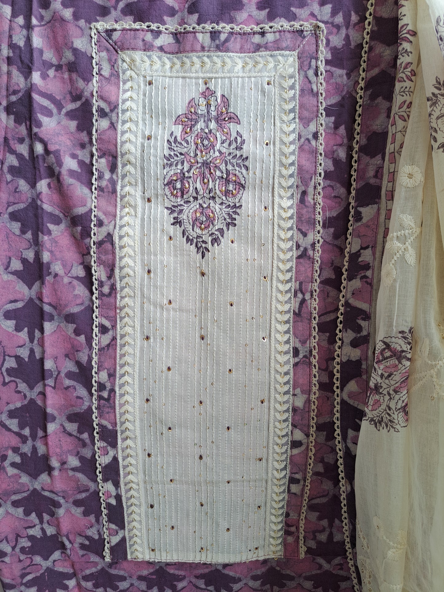 Mauve & Cream Batik Cotton Suit Set with Embroidered Dupatta (Unstitched)