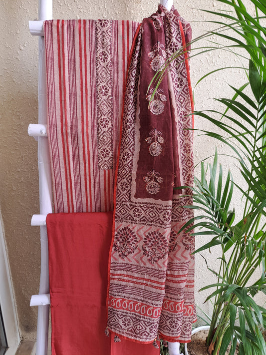 Rust Maheshwari Suit Set with Kantha Work & Tassel Dupatta (Unstitched)
