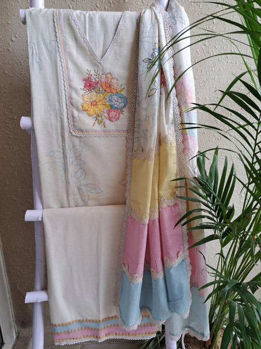 Cream & Pastel Floral Cotton Linen Suit Set with Pearl Work (Unstitched)